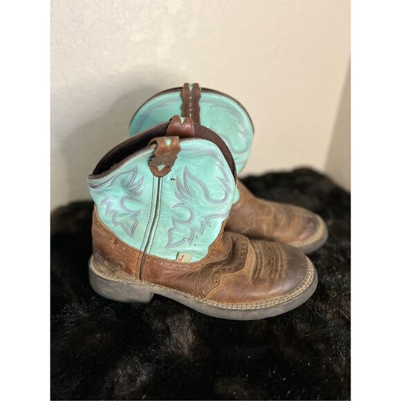 Justin Gypsy Boots Roper Style Womens 10 B Waterproff Round Toe Brown & Teal - Picture 2 of 5